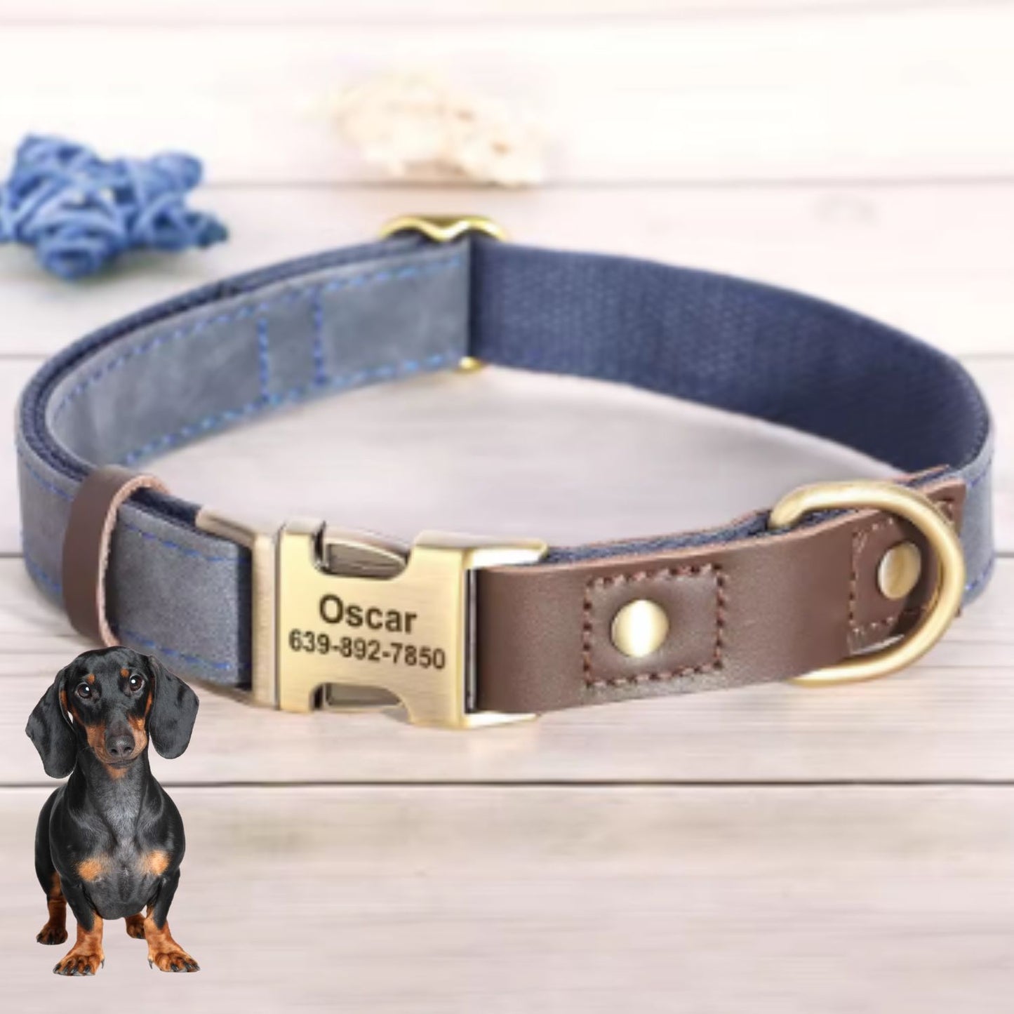 Dachshund Leather Collar with Leash – Personalized Engraved ID Adjustable