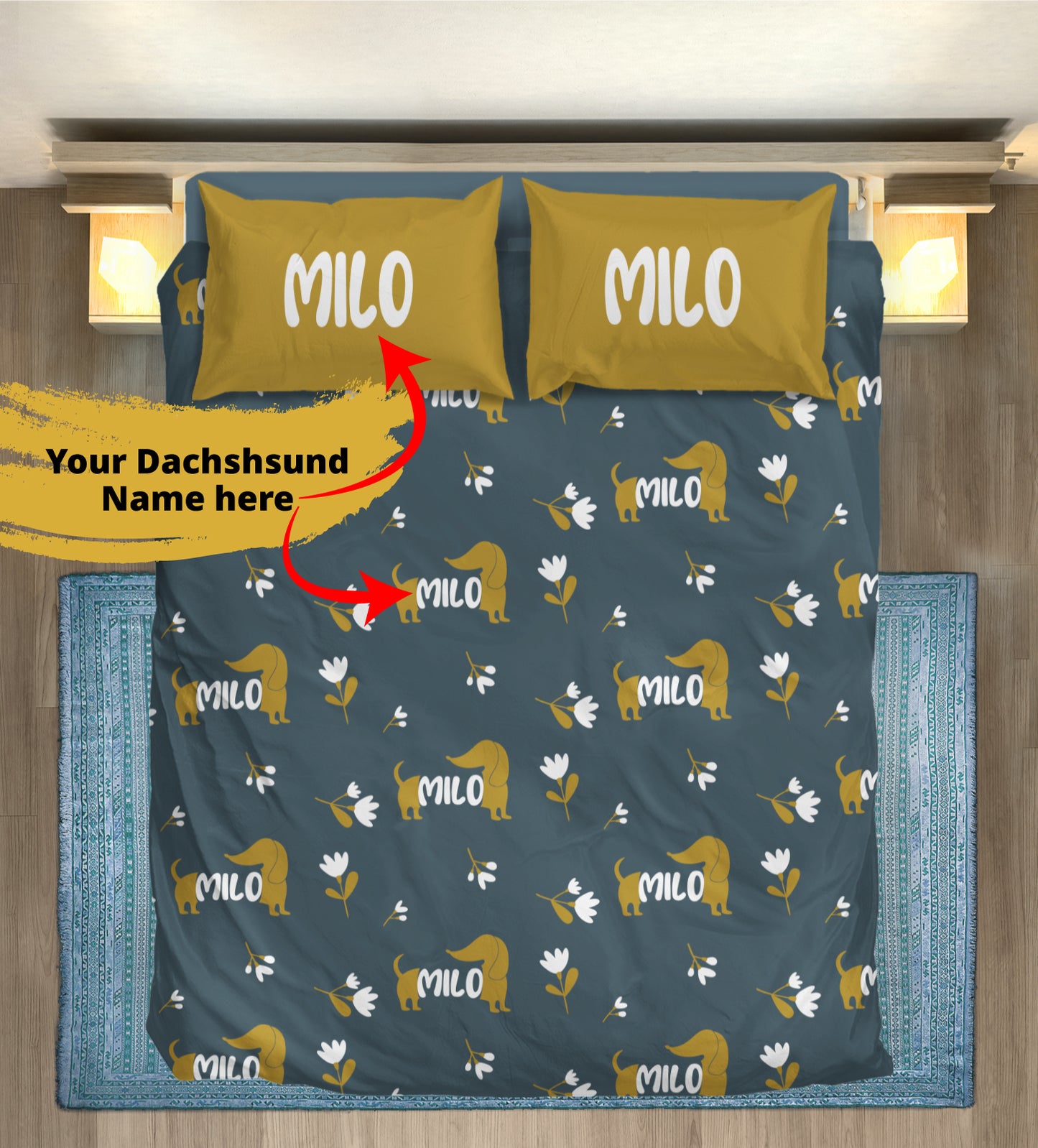 Juego de Cama Personalizado con Nombre de Perro Salchicha - Juego de Cama