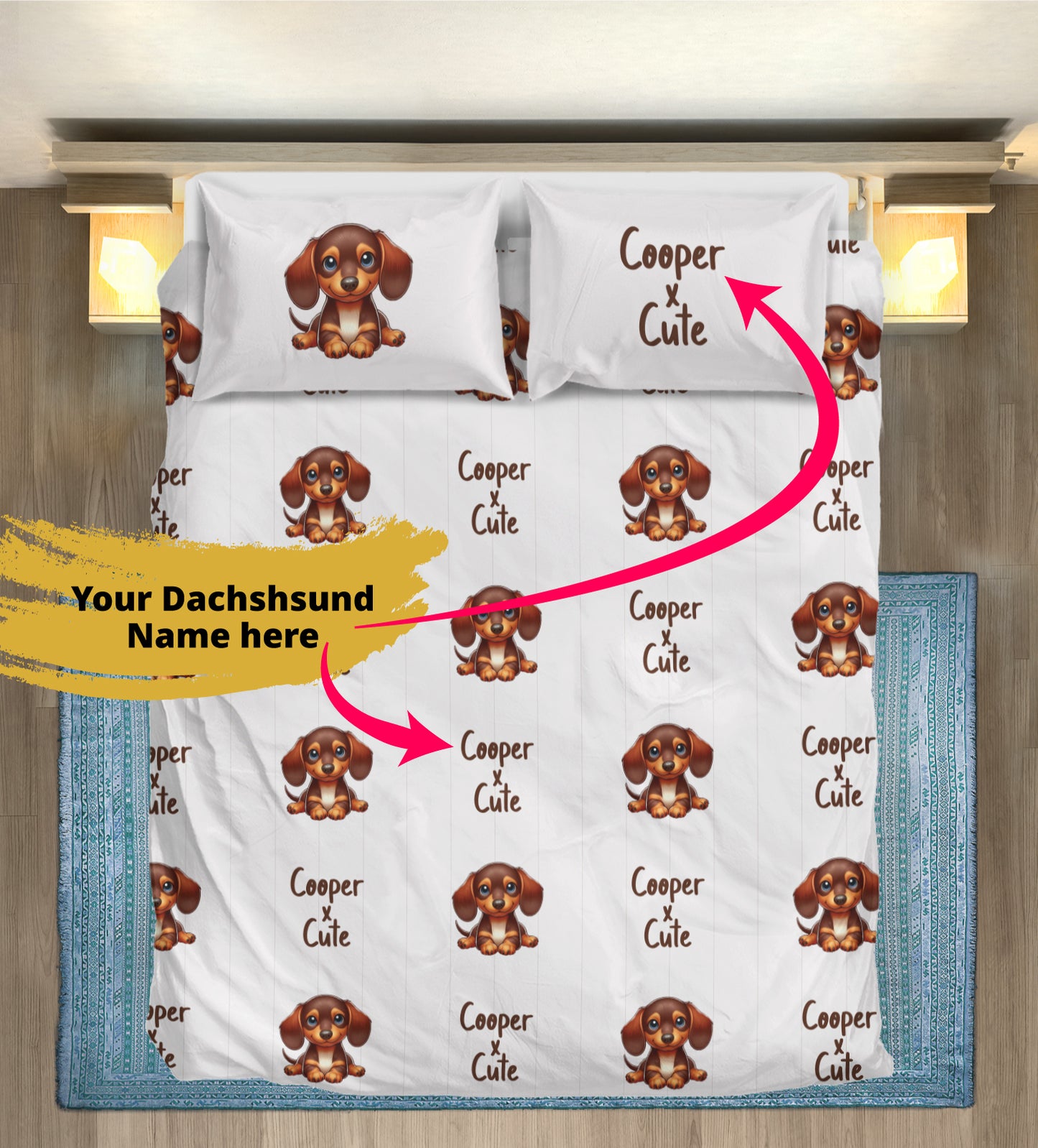 Juego de Cama Personalizado con Nombre de Perro Salchicha - Juego de Cama