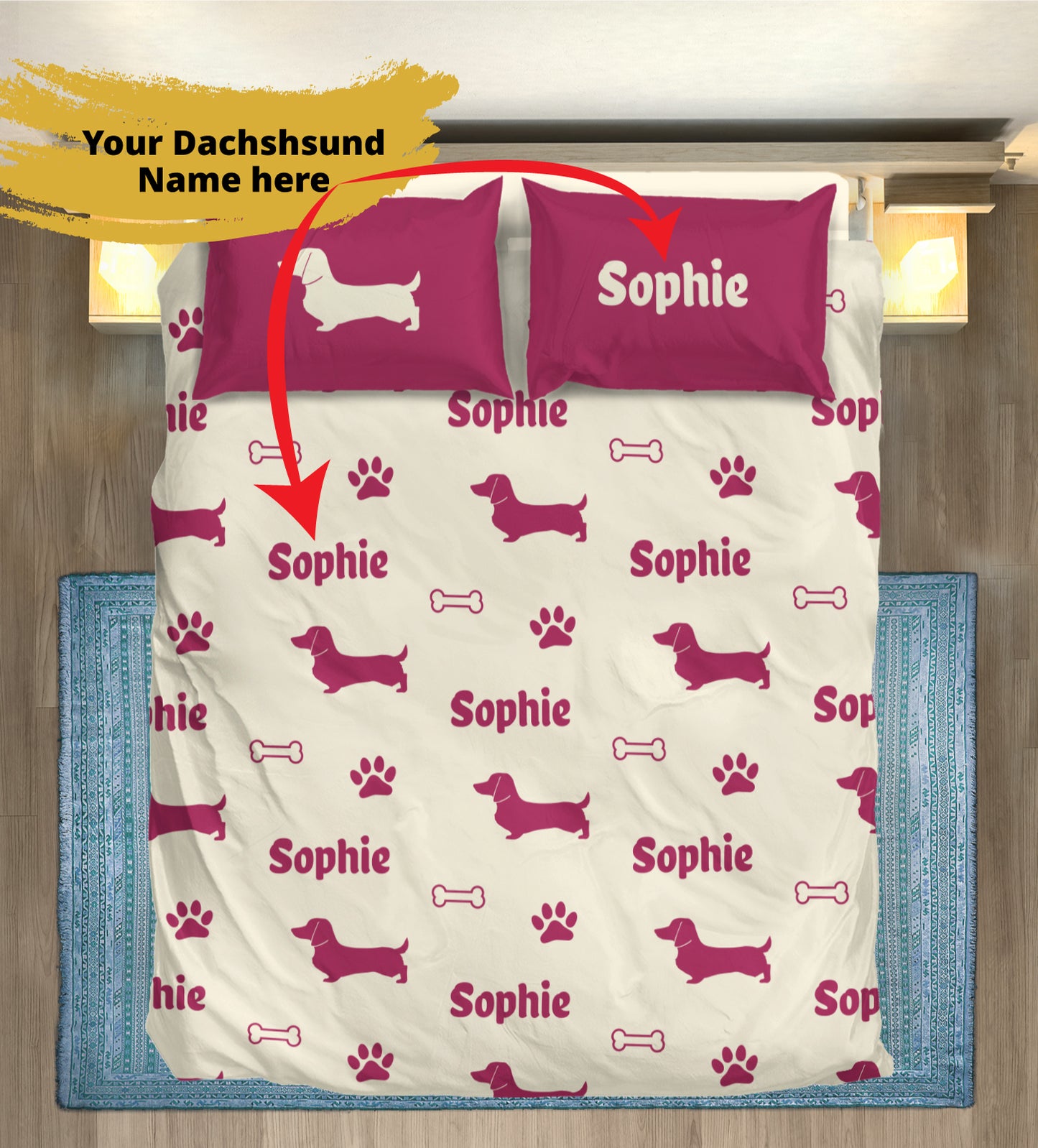 Juego de Cama Personalizado con Nombre de Perro Salchicha - Juego de Cama