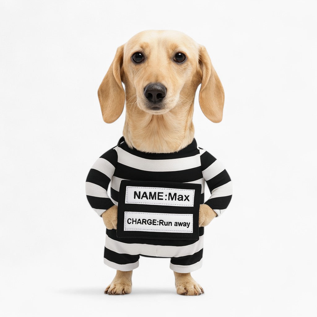 Pawsh Dachshund Prisoner Costume - Funny Halloween Striped Jumpsuit with ID Tag
