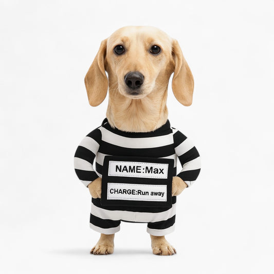 Pawsh Dachshund Prisoner Costume - Funny Halloween Striped Jumpsuit with ID Tag