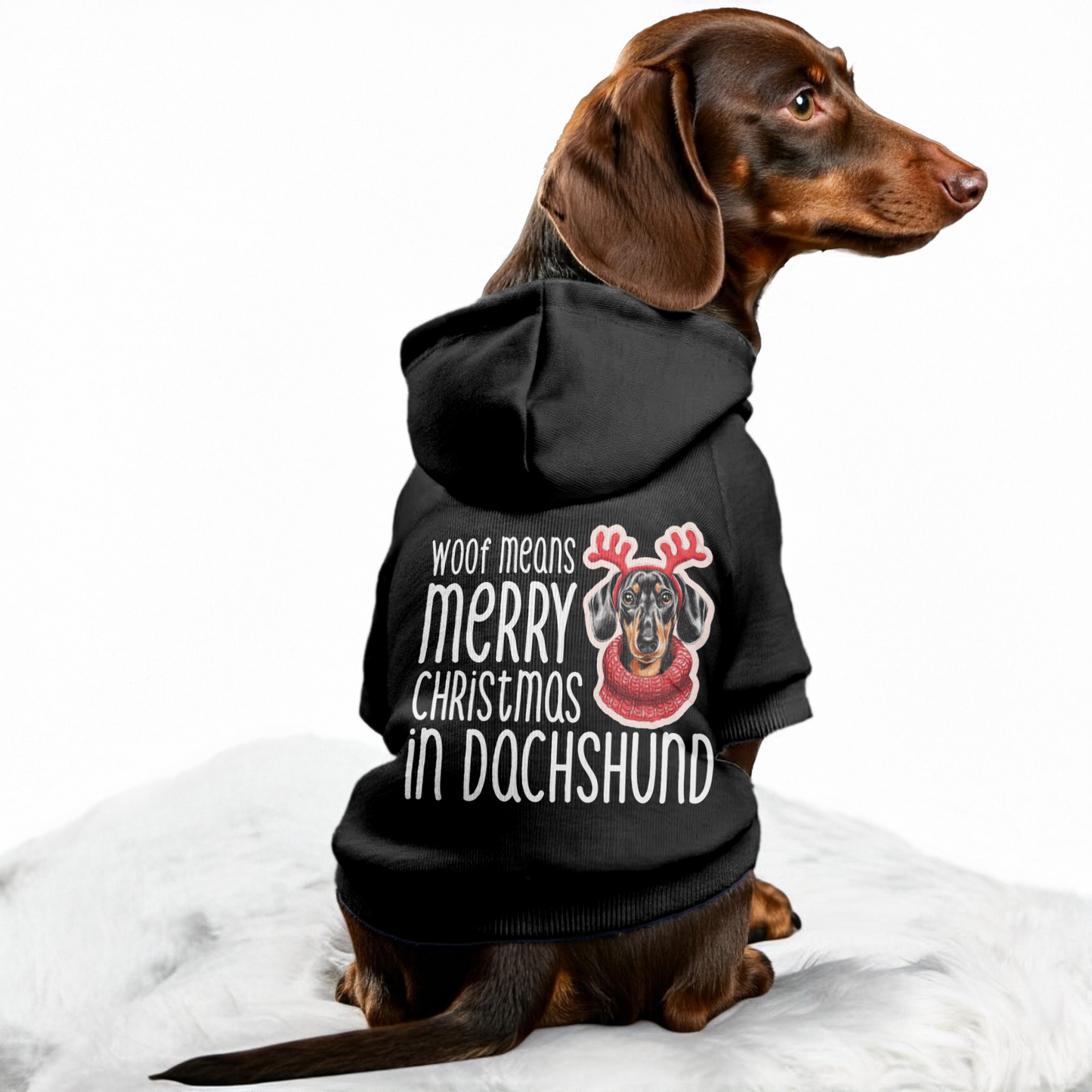 Woof Means Merry Christmas in Dachshund - Personalized Dachshund Hoodies with Funny Quotes – Stylish, Cozy, and Premium 100% Cotton