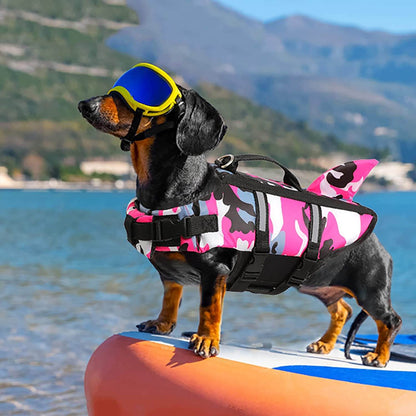 Dachshund shark life jacket in camo print