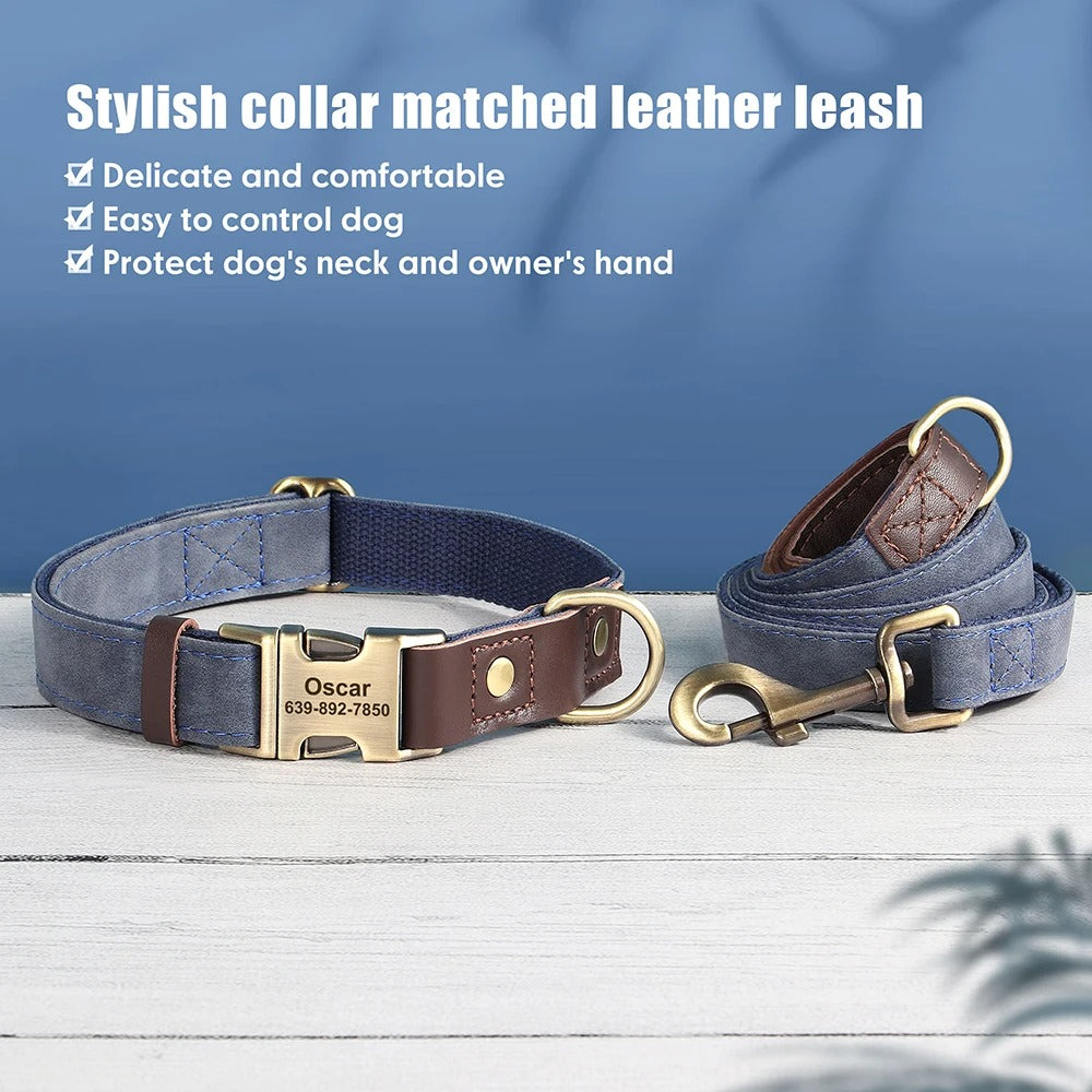 Dachshund Leather Collar with Leash – Personalized Engraved ID Adjustable