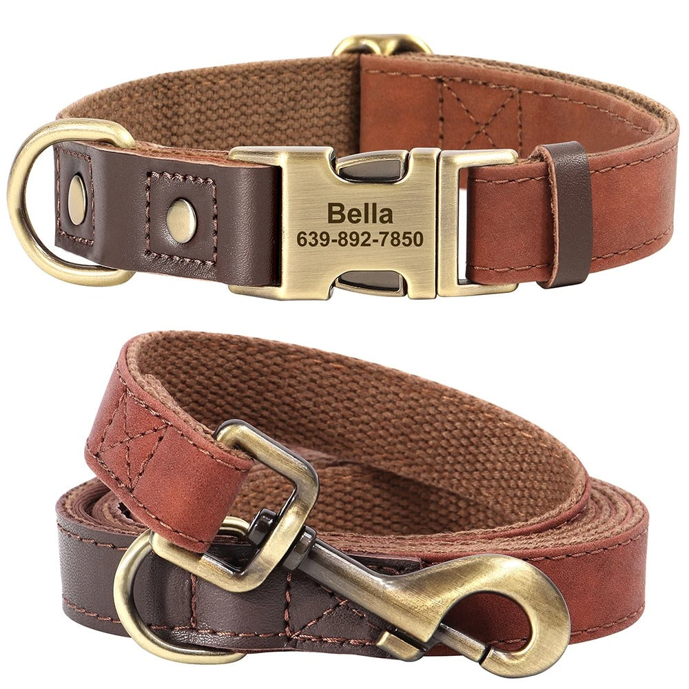 Dachshund Leather Collar with Leash – Personalized Engraved ID Adjustable