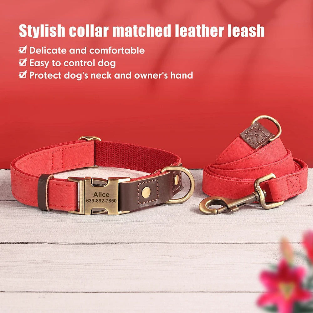 Dachshund Leather Collar with Leash – Personalized Engraved ID Adjustable
