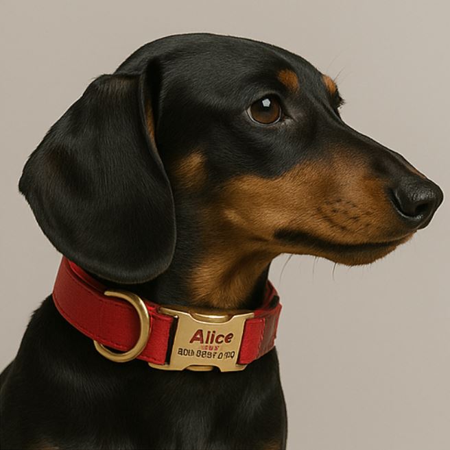 Dachshund Leather Collar with Leash – Personalized Engraved ID Adjustable