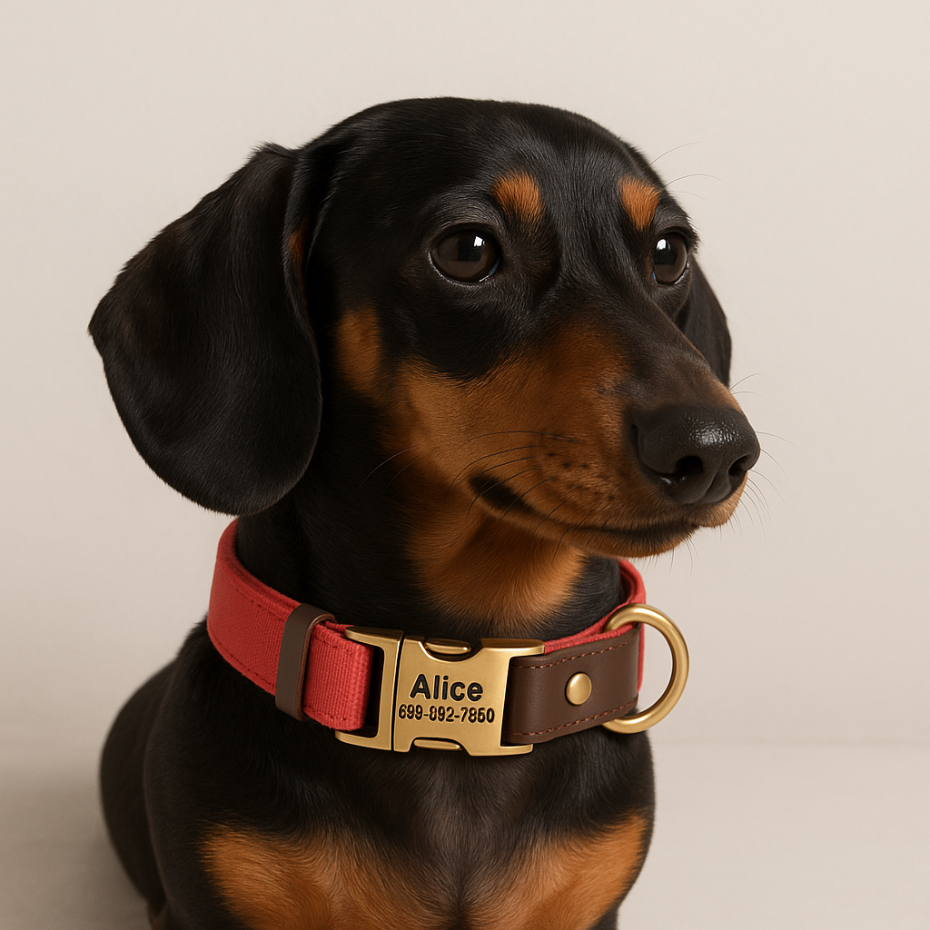 Dachshund Leather Collar with Leash – Personalized Engraved ID Adjustable