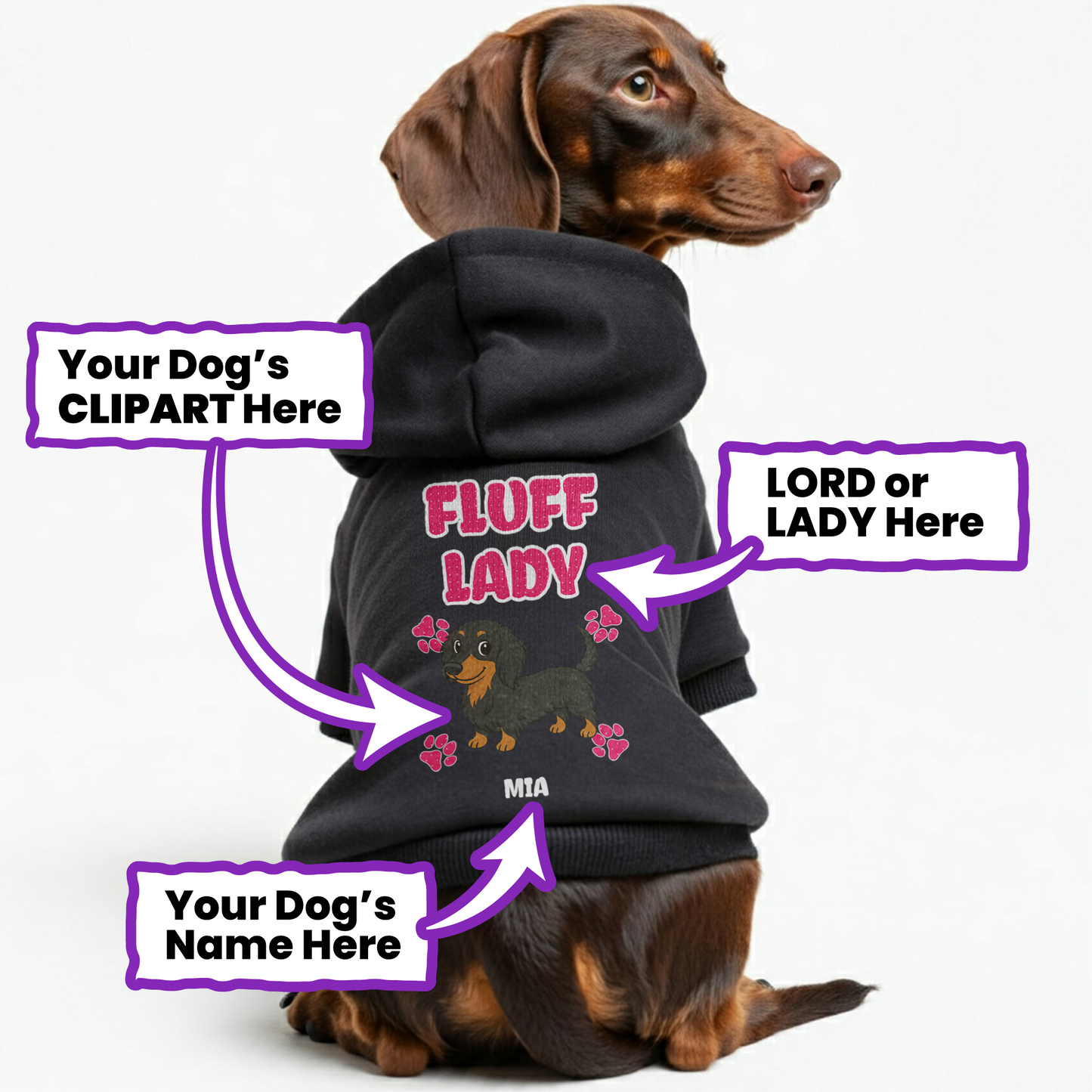 FLUFF LADY – Personalized Dachshund Hoodies with Your Doxie’s Name & Clipart – Stylish, Cozy & Made from Premium 100% Cotton
