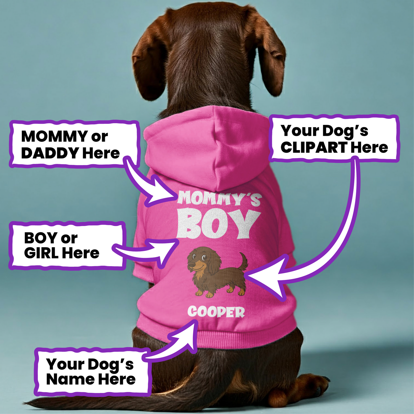 Mommy’s Boy  – Personalized Dachshund Hoodies with Your Doxie’s Name & Clipart – Stylish, Cozy & Made from Premium 100% Cotton