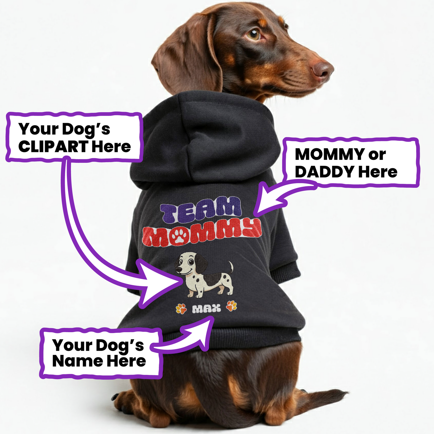 Team Mommy  – Personalized Dachshund Hoodies with Your Doxie’s Name & Clipart – Stylish, Cozy & Made from Premium 100% Cotton