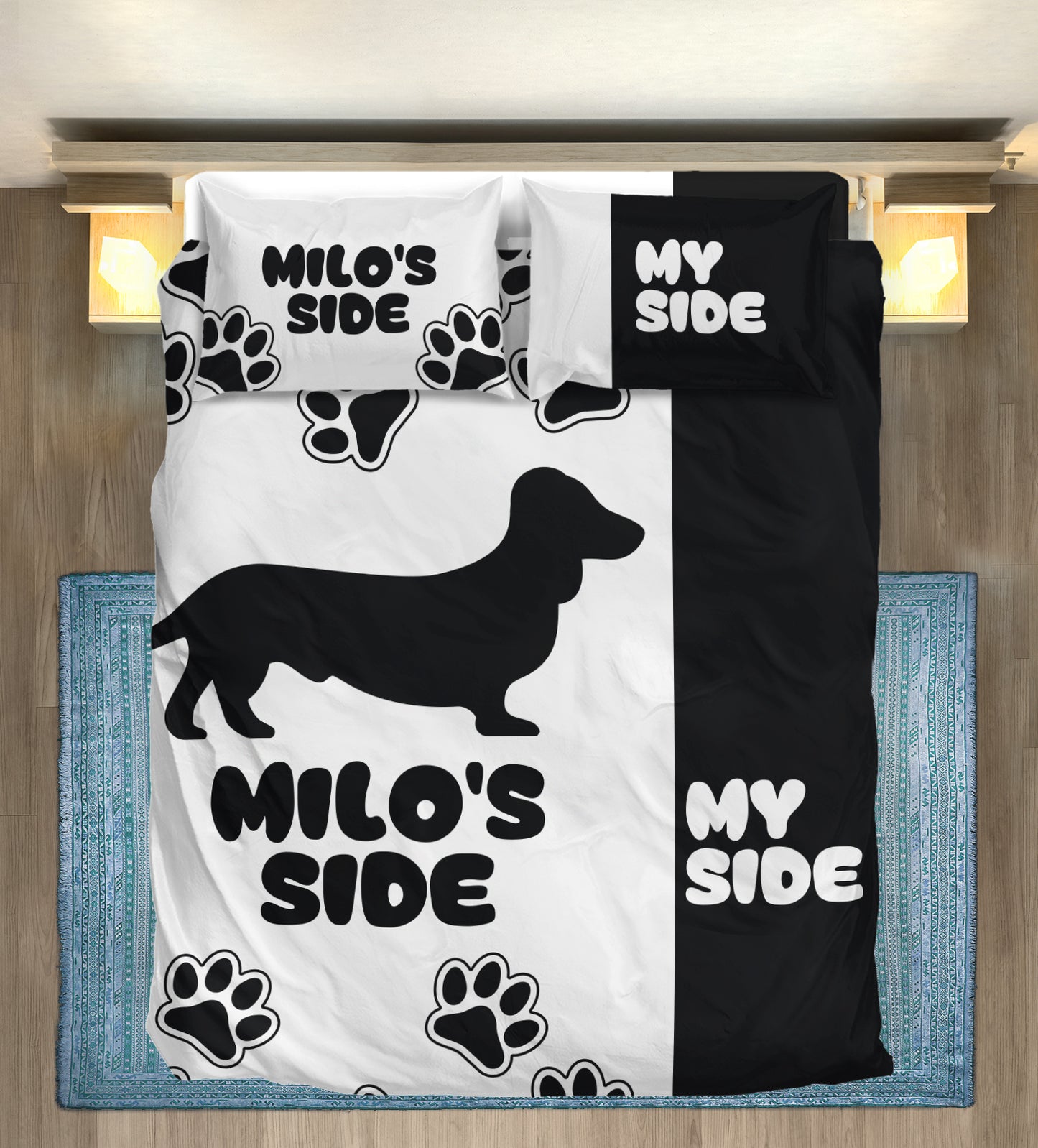 Juego de ropa de cama personalizado con el nombre del perro salchicha - Juego de ropa de cama para los amantes de los perros salchicha