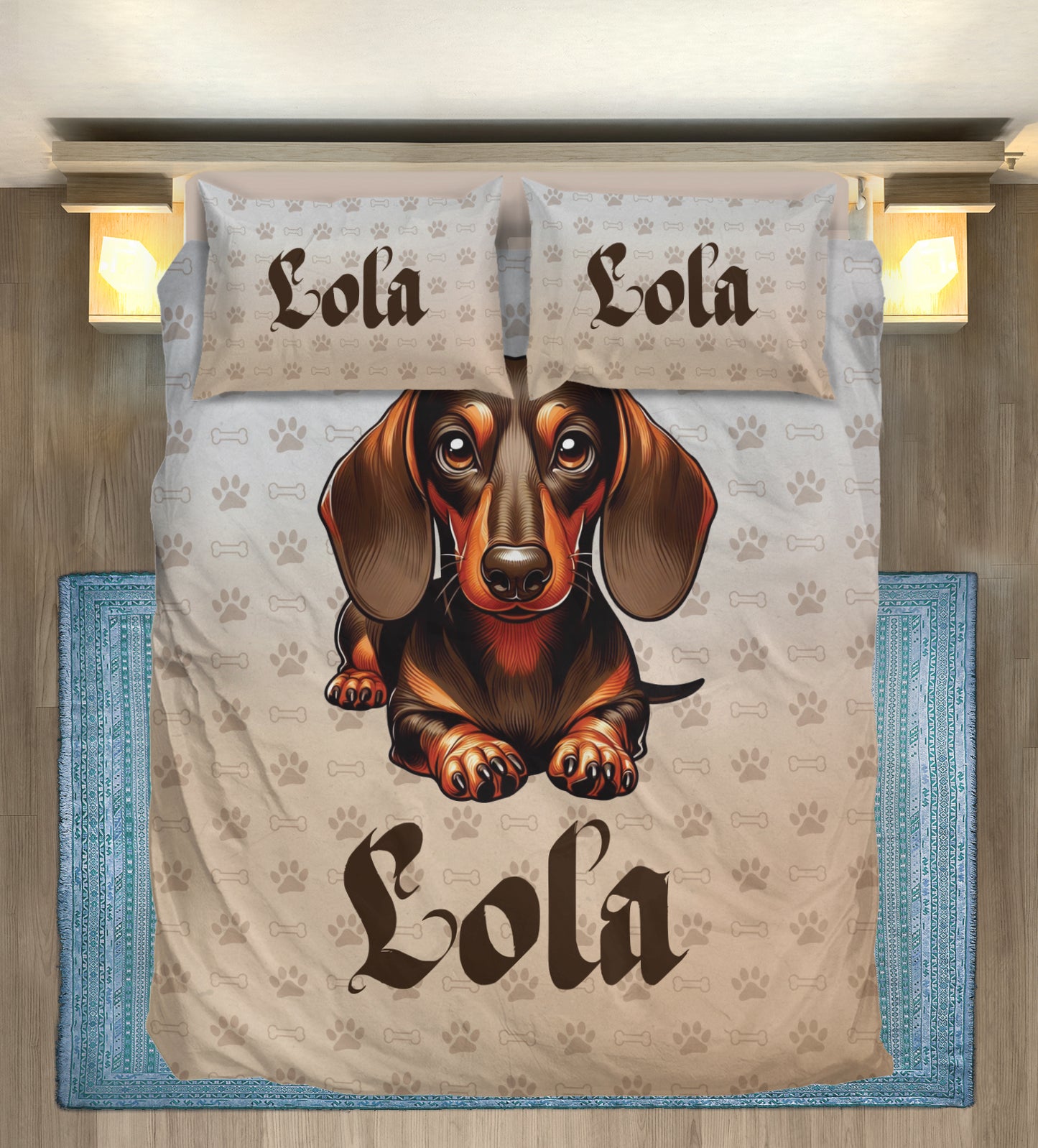 Juego de Cama Personalizado con Nombre de Perro Salchicha - Juego de Cama