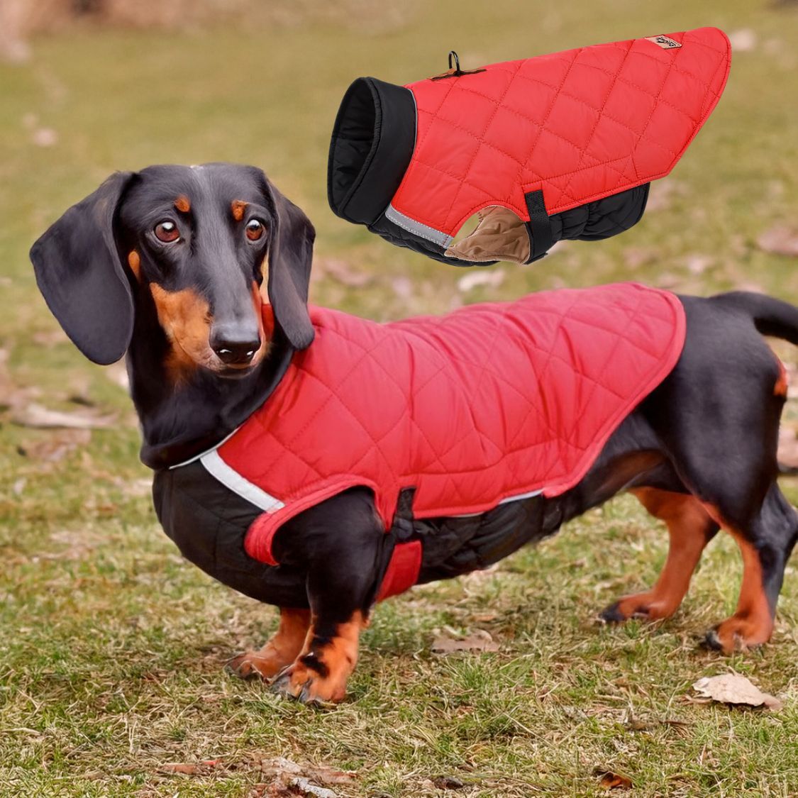 www.doxie.us-Reflective-Quilted-Dachshund-Coat-with-Safety-Leash-Ring-red