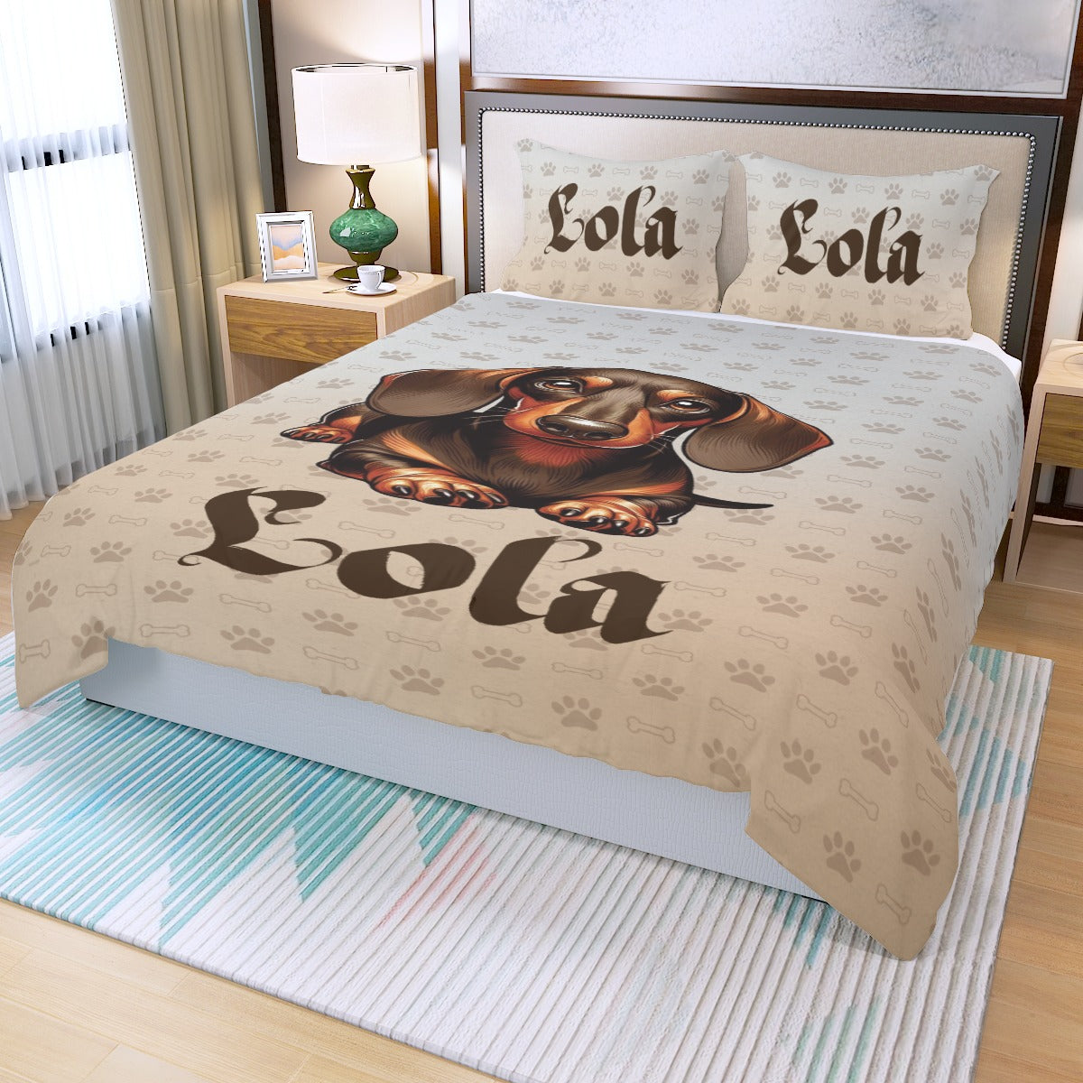 Juego de Cama Personalizado con Nombre de Perro Salchicha - Juego de Cama