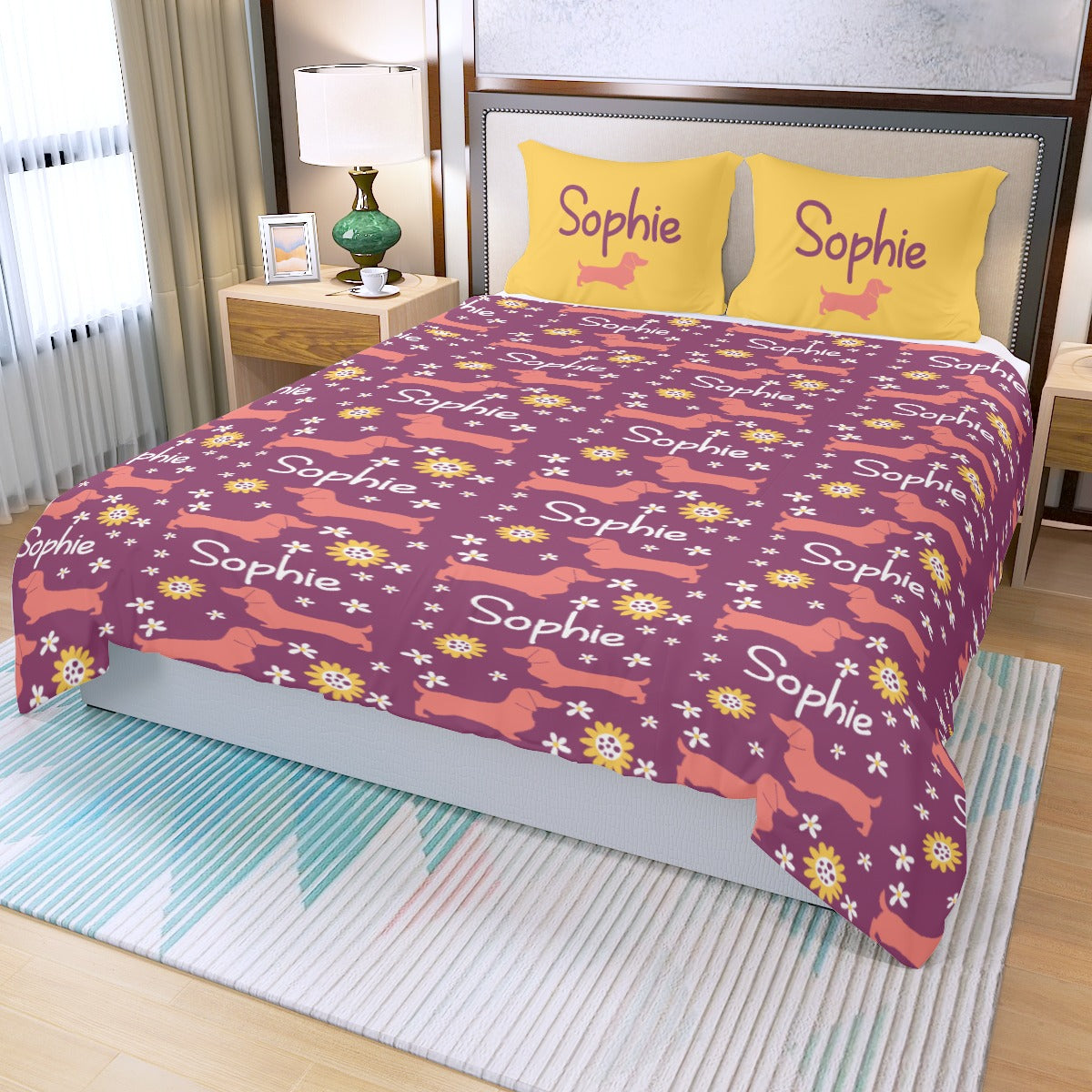 Juego de Cama Personalizado con Nombre de Perro Salchicha - Juego de Cama