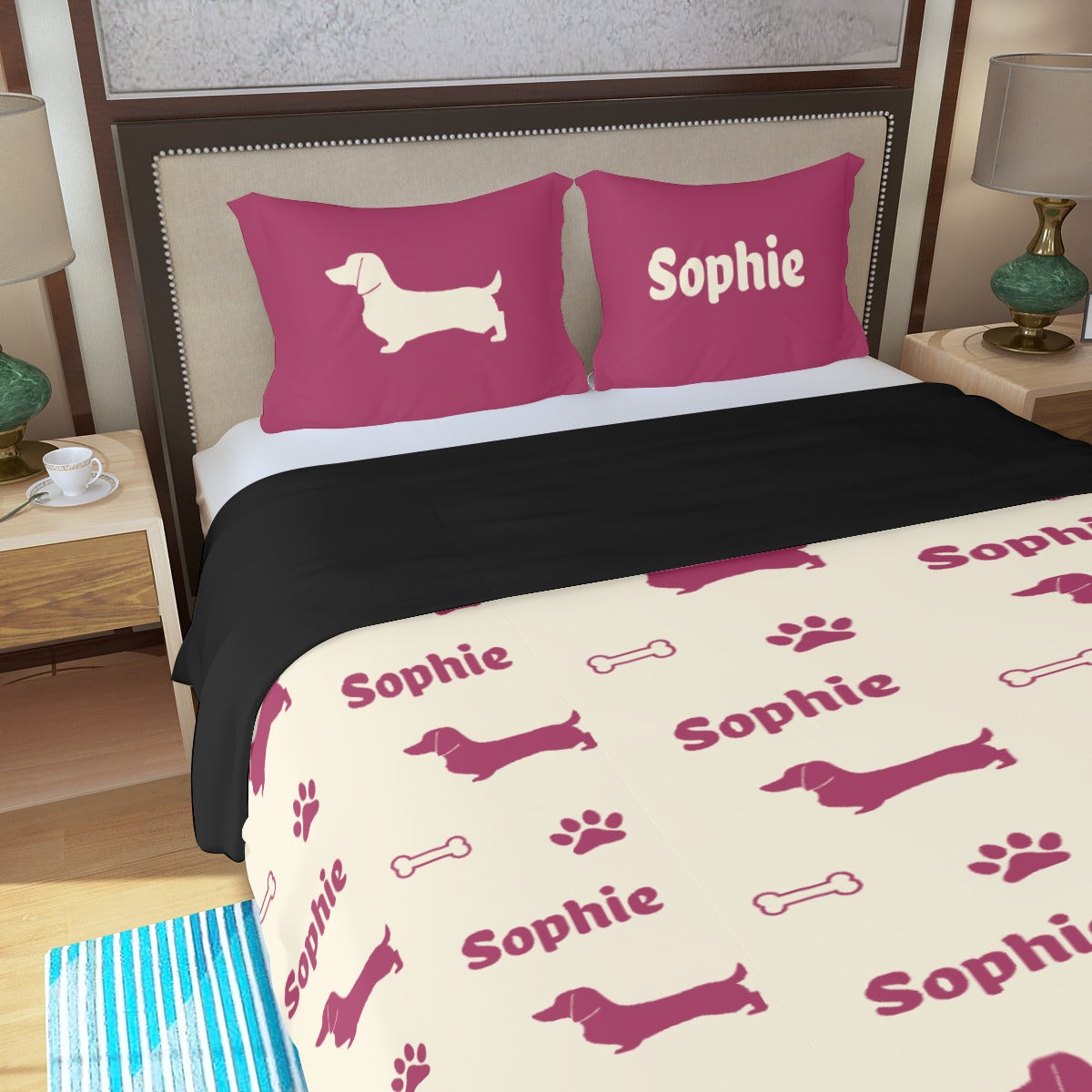 Juego de Cama Personalizado con Nombre de Perro Salchicha - Juego de Cama