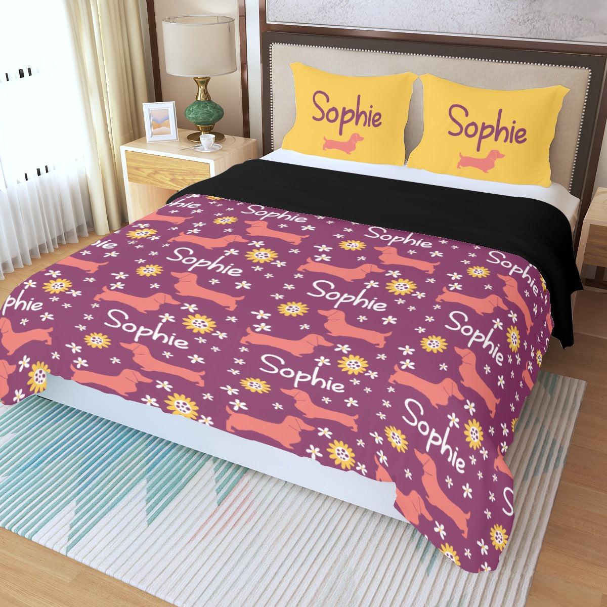 Juego de Cama Personalizado con Nombre de Perro Salchicha - Juego de Cama