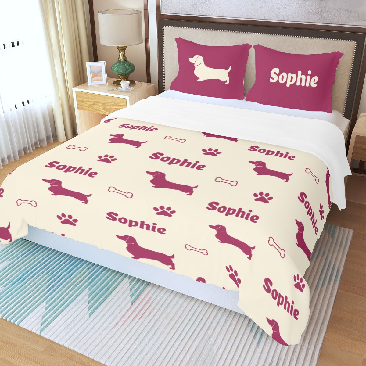 Juego de Cama Personalizado con Nombre de Perro Salchicha - Juego de Cama