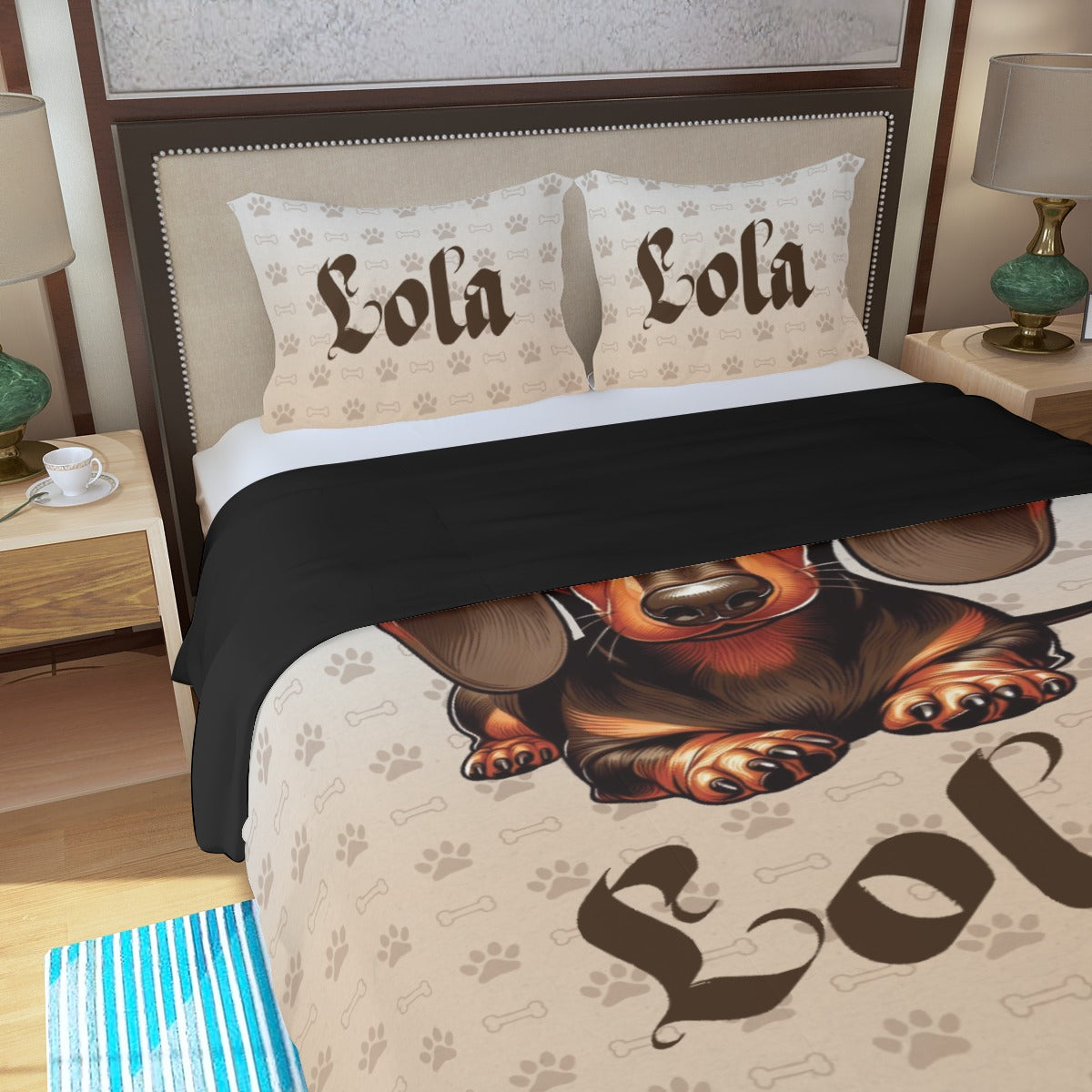 Juego de Cama Personalizado con Nombre de Perro Salchicha - Juego de Cama