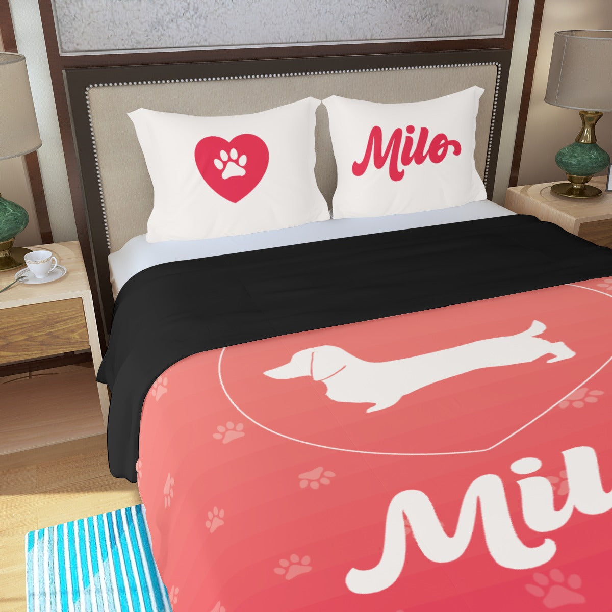 Juego de Cama Personalizado con Nombre de Perro Salchicha - Juego de Cama